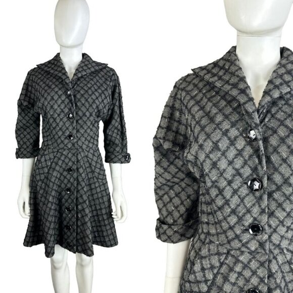 Vtg 50s R&K Gray Black Checker Wool Fit Flare Button Dress Size Small Womens - Picture 1 of 8
